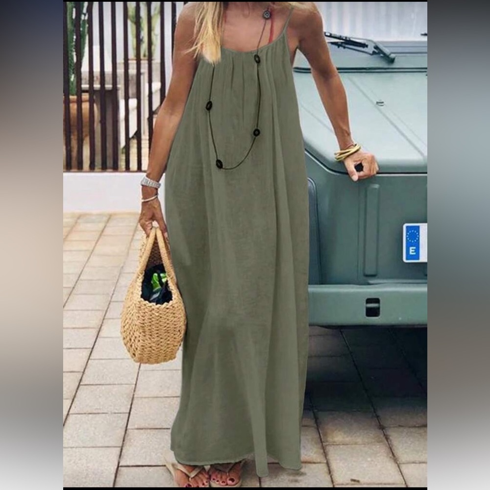 ❌ SOLD NWT Olive Green Flowy Open Sleeveless Maxi Dress